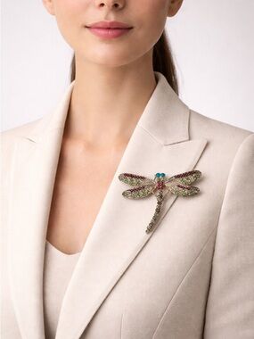 Gold & Green Crystal Dragonfly Brooch Pin • Whimsical Jewel Toned Insect Jewelry